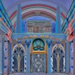 Ilustracja wnętrza w stylu art déco z kolumnami, łukami i dekoracyjnymi detalami w odcieniach niebieskiego, szarego i różowego.