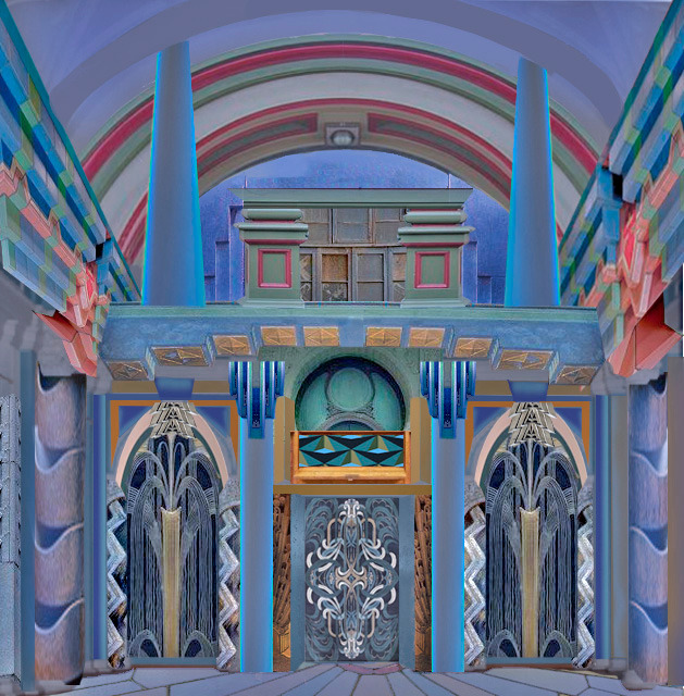 Ilustracja wnętrza w stylu art déco z kolumnami, łukami i dekoracyjnymi detalami w odcieniach niebieskiego, szarego i różowego.