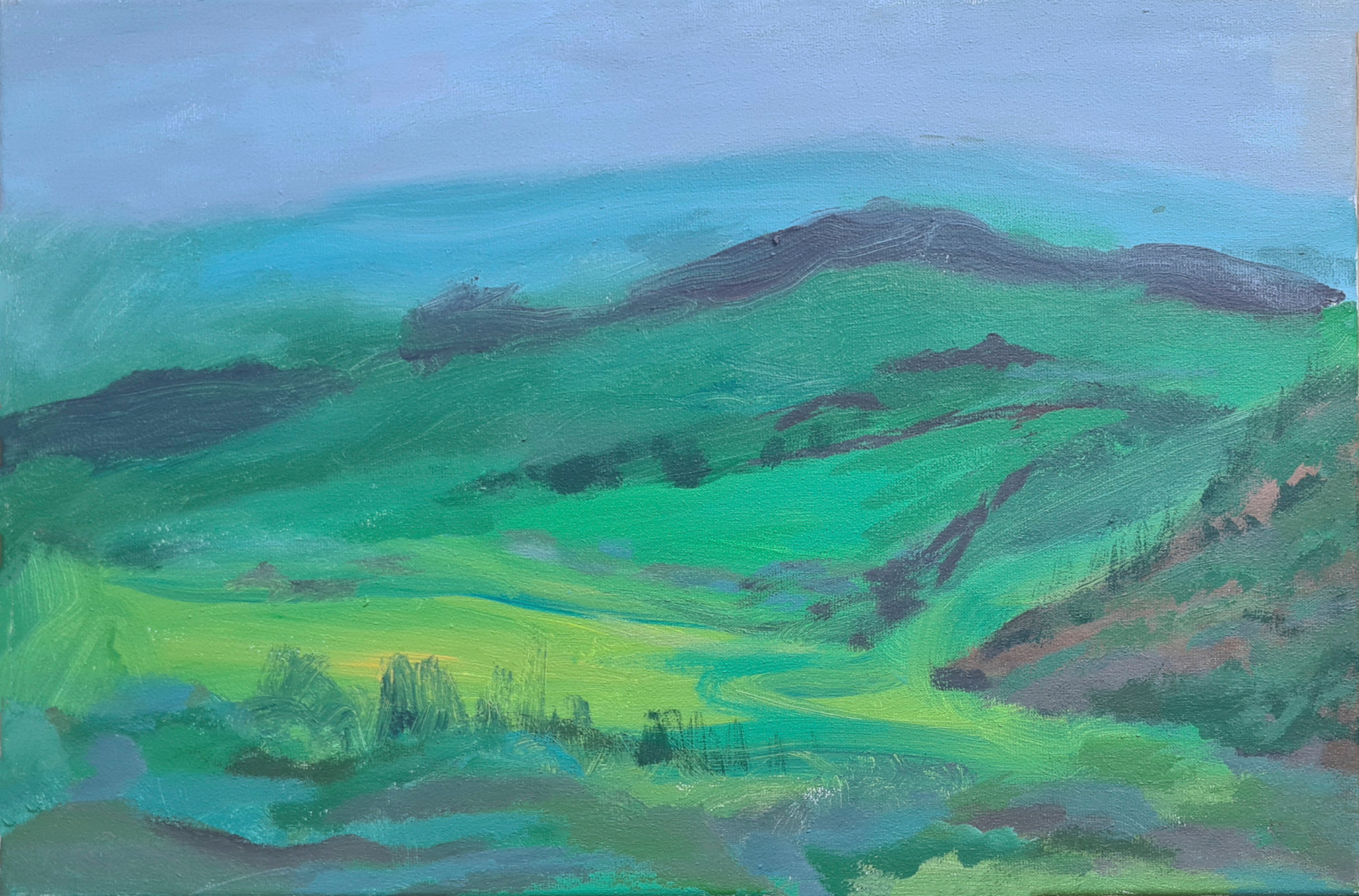 Pejzaż przedstawiający zielone wzgórza i dolinę w odcieniach zieleni, błękitu i szarości, namalowany ekspresyjnymi pociągnięciami pędzla na płótnie.