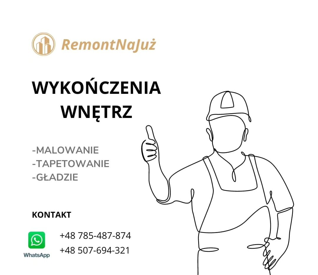 Logo firmy RemontNaJuż oferującej wykończenia wnętrz, malowanie, tapetowanie i gładzie, z ikoną kontaktu WhatsApp i numerami telefonów.