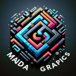 Abstrakcyjne logo firmy Maida Grapics w formie kolorowego labiryntu 3D na ciemnym tle.