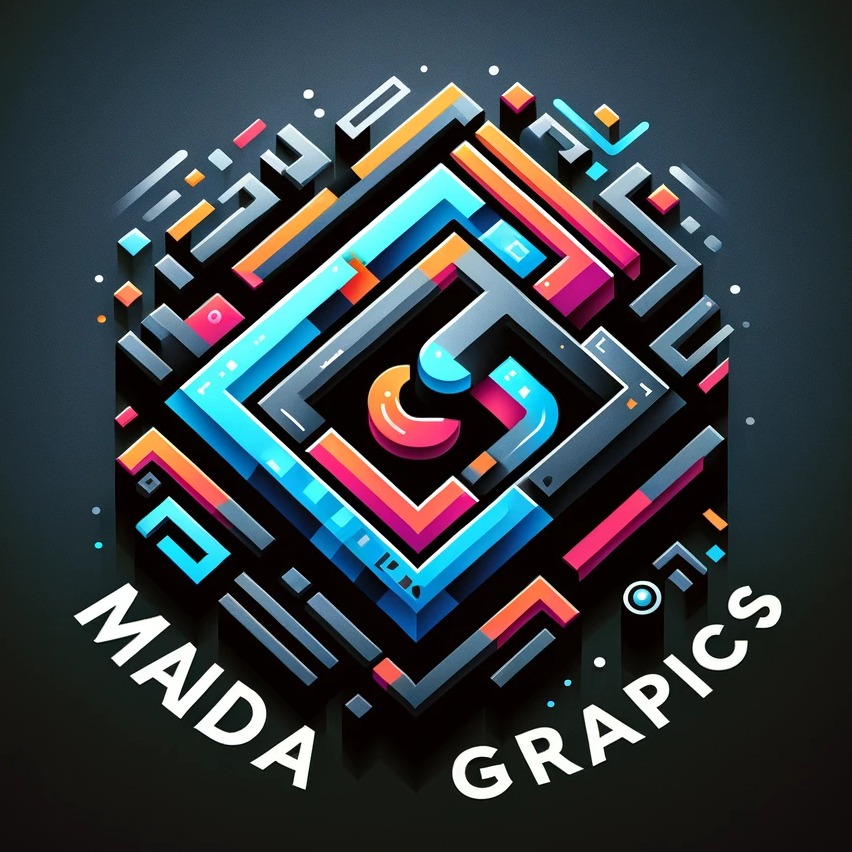 Abstrakcyjne logo firmy Maida Grapics w formie kolorowego labiryntu 3D na ciemnym tle.