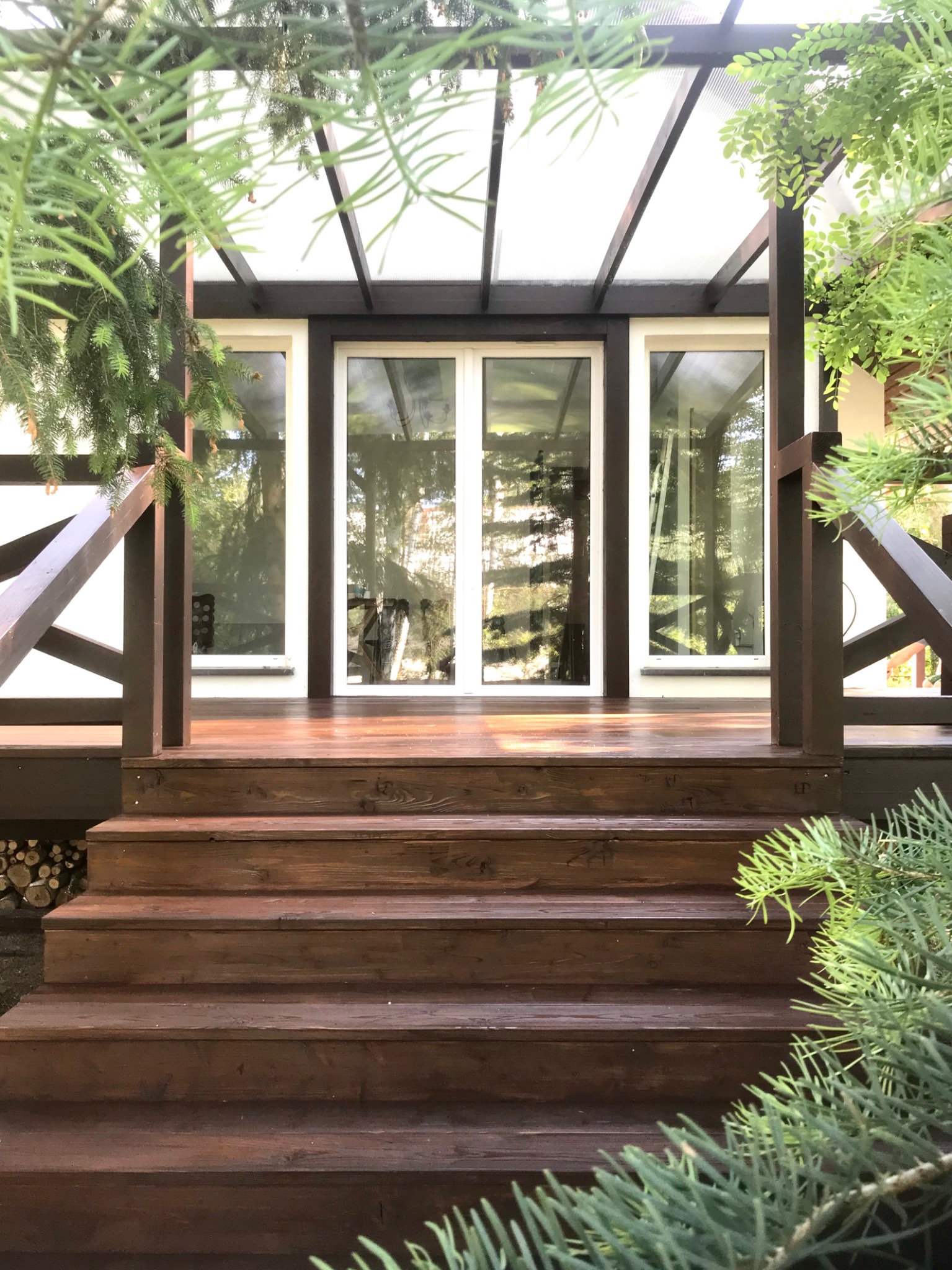 Drewniane schody prowadzące do zadaszonego tarasu z przeszklonymi drzwiami, otoczone zielenią drzew iglastych.