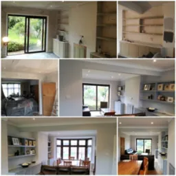 Salon - zrobione sufity, ściany, szafy MDF, podłoga, drzwi.