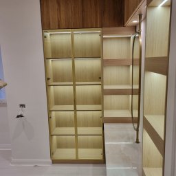 PPHU Prostyle Marcin Jankowski - Wnętrze szafy z oświetleniem LED, drewnianymi półkami i złotymi ramami szklanych drzwi. Nad szafą widoczna drewniana zabudowa z żłobieniami.