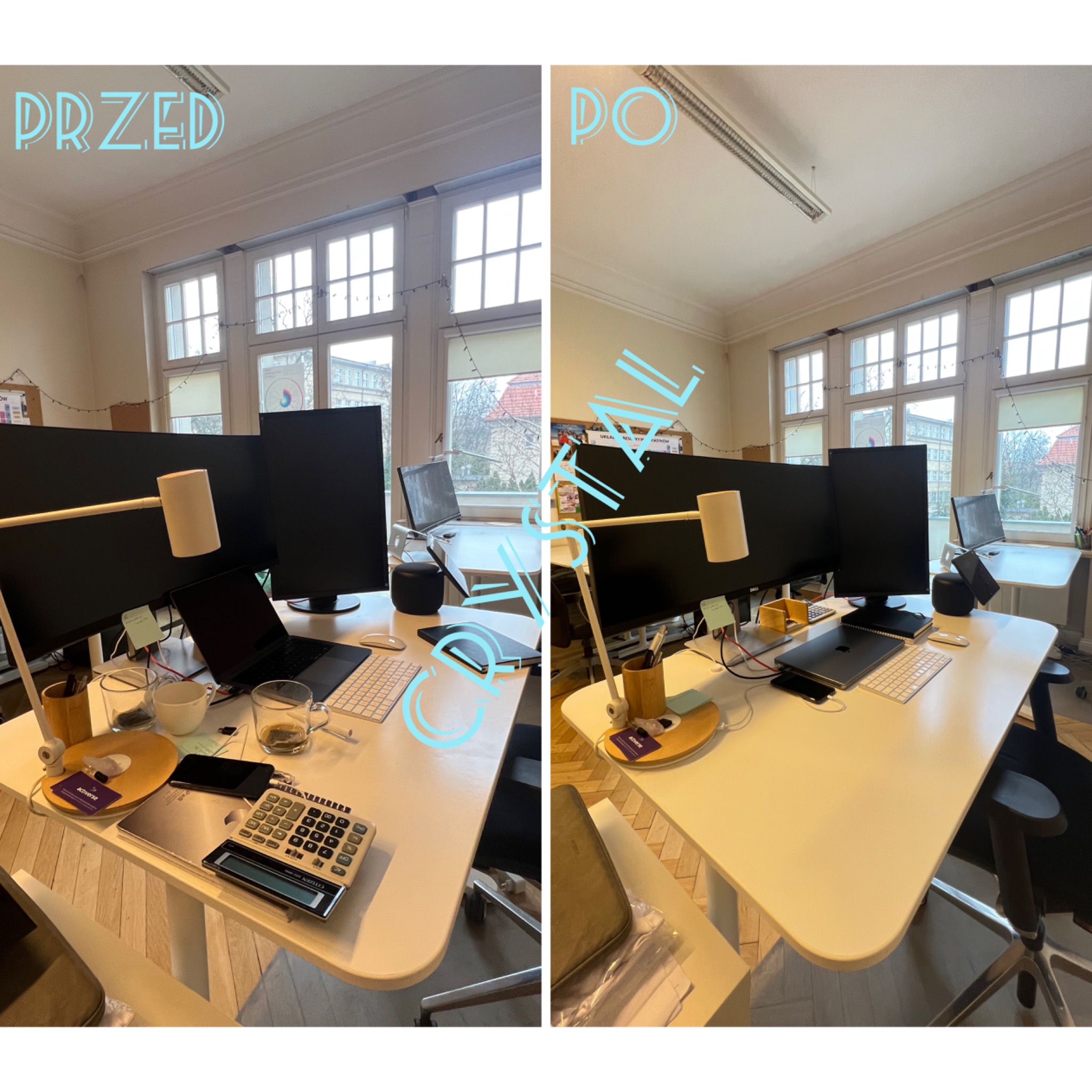 Biuro w Poznaniu, porównanie stanu biurka przed i po sprzątaniu: po lewej stronie widoczny bałagan z kubkami, kalkulatorem i notatkami, po prawej czyste biurko z uporządkowanymi akcesoriami i lampką.