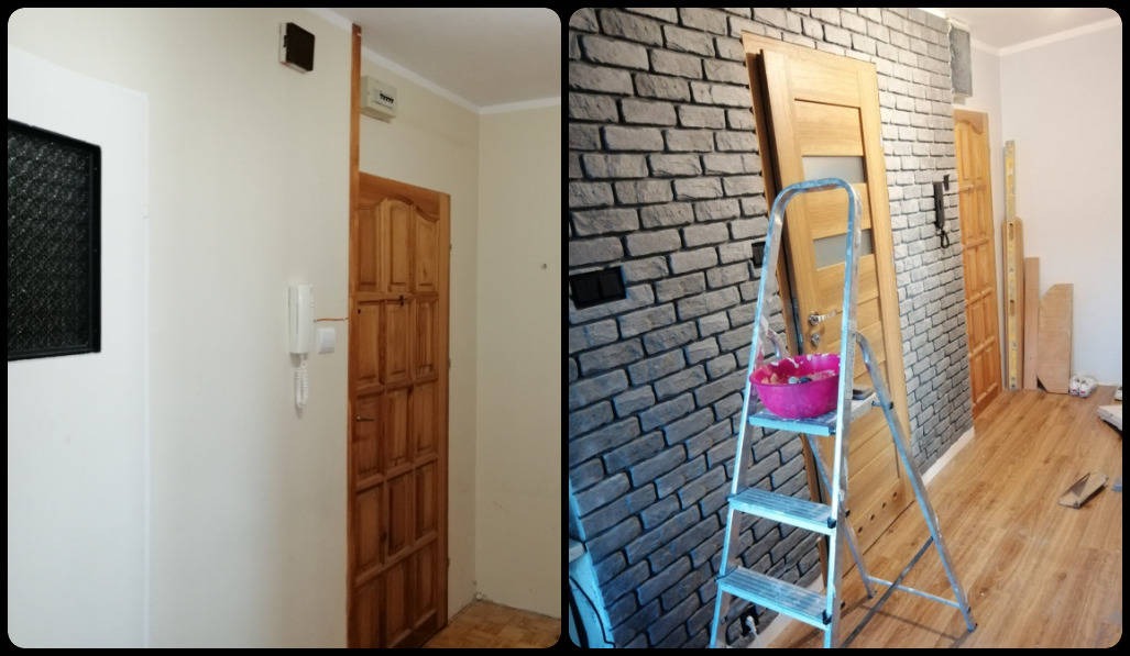Korytarz po częściowym remoncie: po lewej stara ściana z drewnianymi drzwiami, po prawej ściana wyłożona szarą cegłą dekoracyjną, drabina z różowym wiadrem i nowe drzwi z szybą.