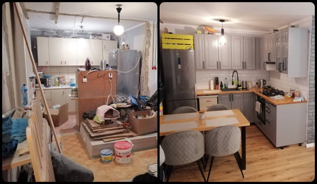 Kuchenna metamorfoza w Białymstoku: porównanie stanu przed i po remoncie. Po lewej nieporządek, odkryte przewody i stare meble, po prawej nowoczesna, szara zabudowa, białe kafelki i drewniany blat.