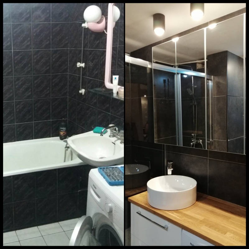 Porównanie łazienki przed i po remoncie: ciemne płytki przed remontem, jasne drewno i biała umywalka po remoncie, widoczna pralka.