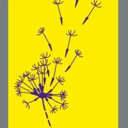 Grafika przedstawiająca fioletowego dmuchawca na żółtym tle, z odlatującymi nasionami.