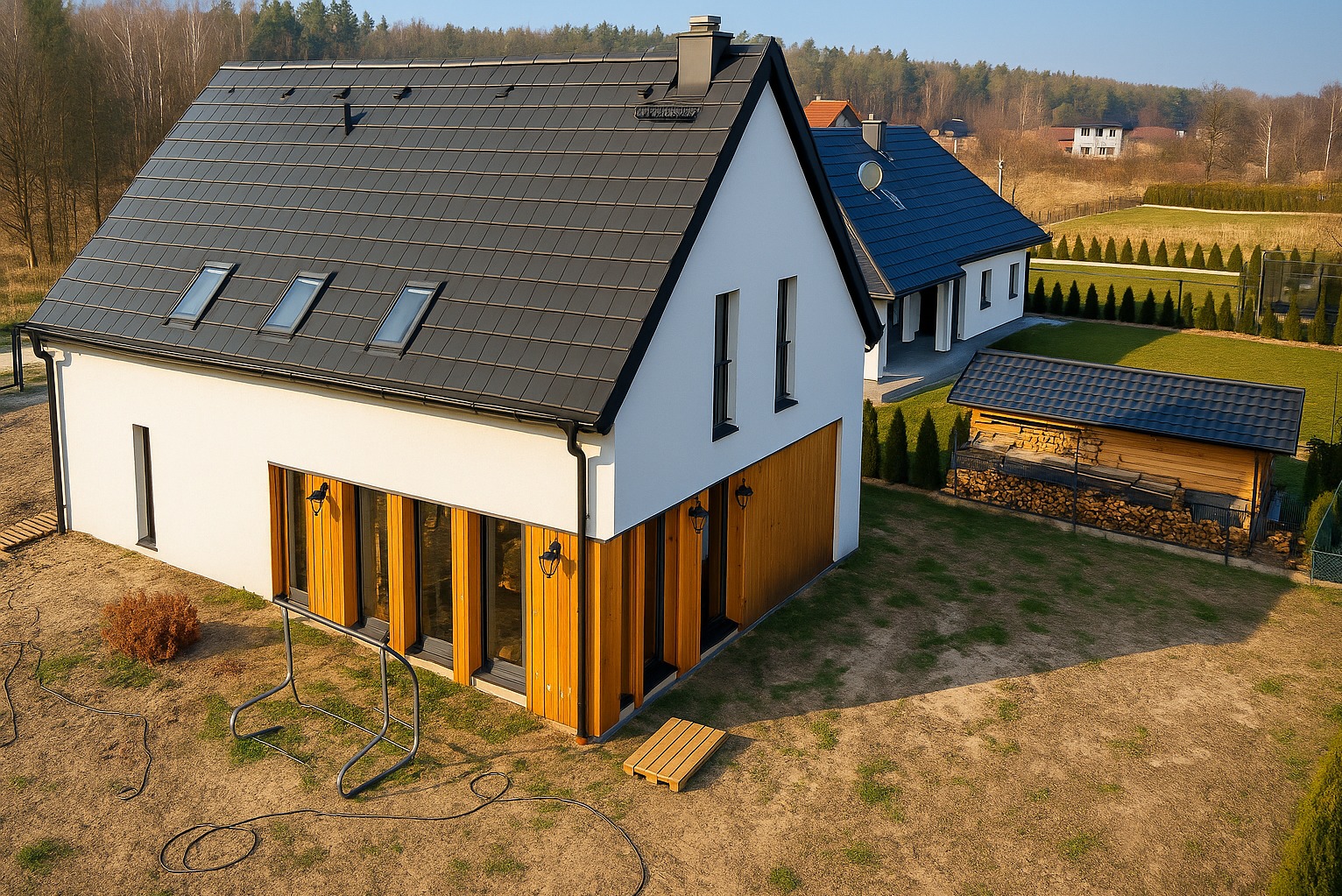 Nowoczesny dom szkieletowy z drewnianą elewacją i oknami dachowymi, widok z góry na ogród z drewutnią i drugim budynkiem w tle.