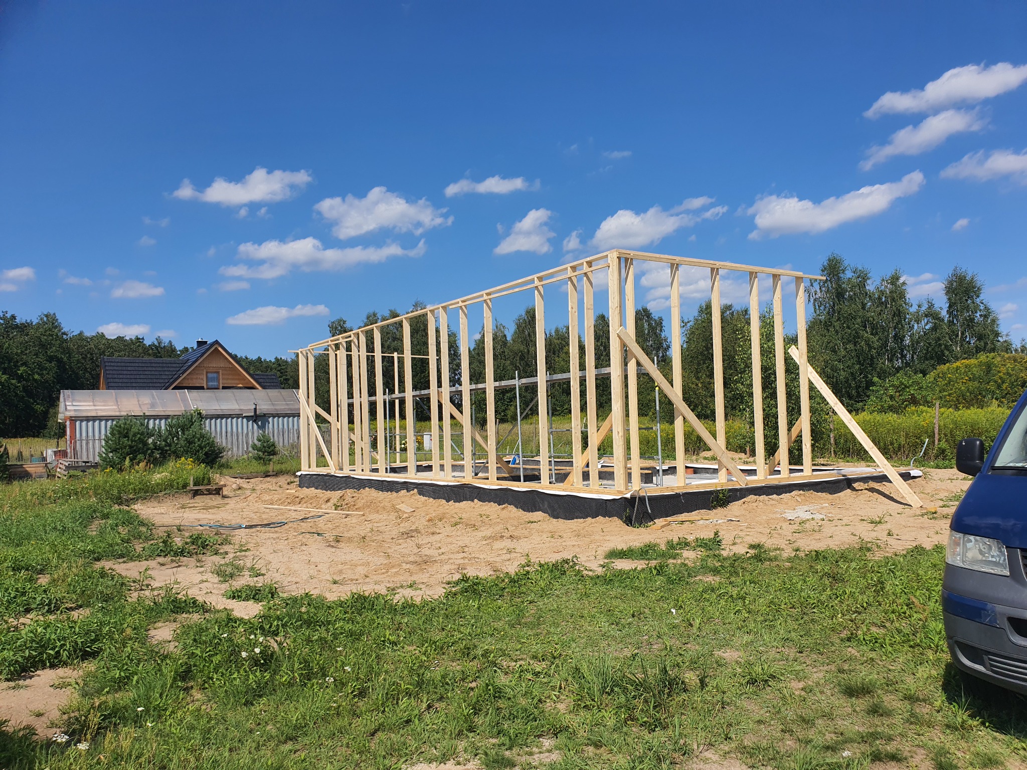 Wznoszenie szkieletu domu na fundamencie, widoczne drewniane elementy konstrukcyjne, w tle zieleń i błękitne niebo. Etap budowy domu szkieletowego.