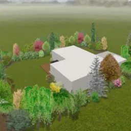 Wizualizacja 3D projektu ogrodu z nowoczesnym białym domem otoczonym różnorodną roślinnością: drzewa iglaste, liściaste, krzewy kwitnące, trawnik. Widoczny podpis projektanta w prawym dolnym rogu.