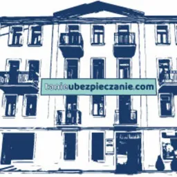 Stylizowany rysunek kamienicy z balkonami, z naniesionym adresem strony internetowej. Uproszczona grafika w odcieniach błękitu i bieli.