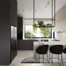 Nowoczesna kuchnia z wyspą, ciemnoszarymi szafkami, marmurowym blatem, oświetleniem punktowym i wiszącymi roślinami nad oknem.