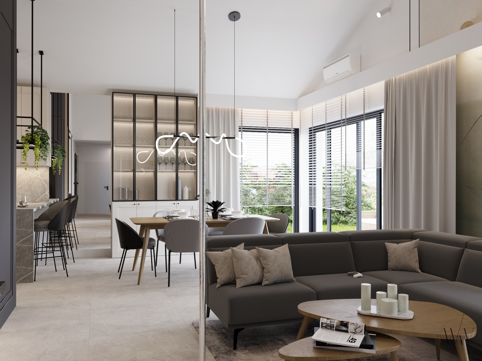 Jasne, przestronne wnętrze z otwartą kuchnią, jadalnią i salonem. Minimalistyczny design z szarym narożnikiem, drewnianymi stolikami kawowymi i designerskim oświetleniem nad stołem jadalnym. Za...