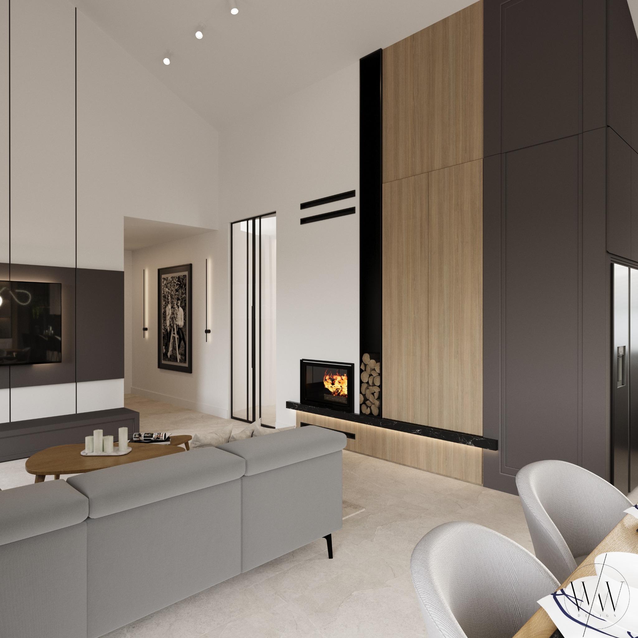 Nowoczesny salon z kominkiem obudowanym drewnem i czarnym marmurem, szara sofa, okrągły stolik kawowy z dekoracjami i designerskie krzesła przy stole jadalnym, minimalistyczny wystrój.