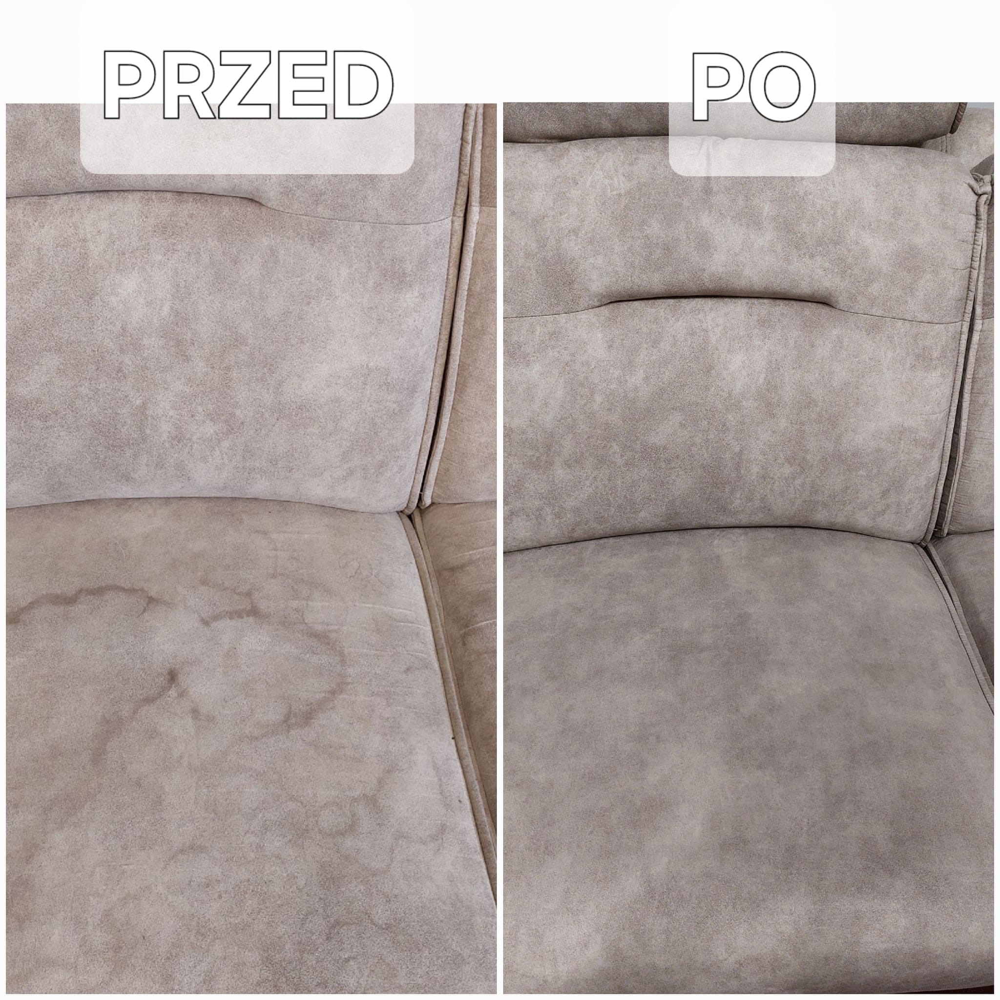 Sofa w odcieniach szarości: po lewej stronie widoczne plamy, po prawej - czysta, po praniu. Układ 'przed i po' prezentuje efekt czyszczenia tapicerki.