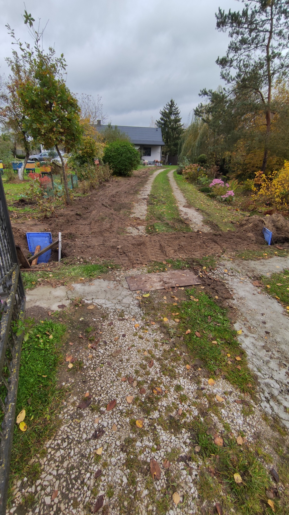 Przygotowanie terenu pod trawnik z rolki: wyrównana ziemia, widoczne ślady opon, niebieskie skrzynki, w tle dom jednorodzinny i jesienne drzewa.