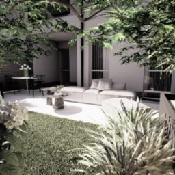 Nowoczesny taras z meblami wypoczynkowymi, zielonym trawnikiem i bambusami wzdłuż ściany, widok z perspektywy kwiatów hortensji.