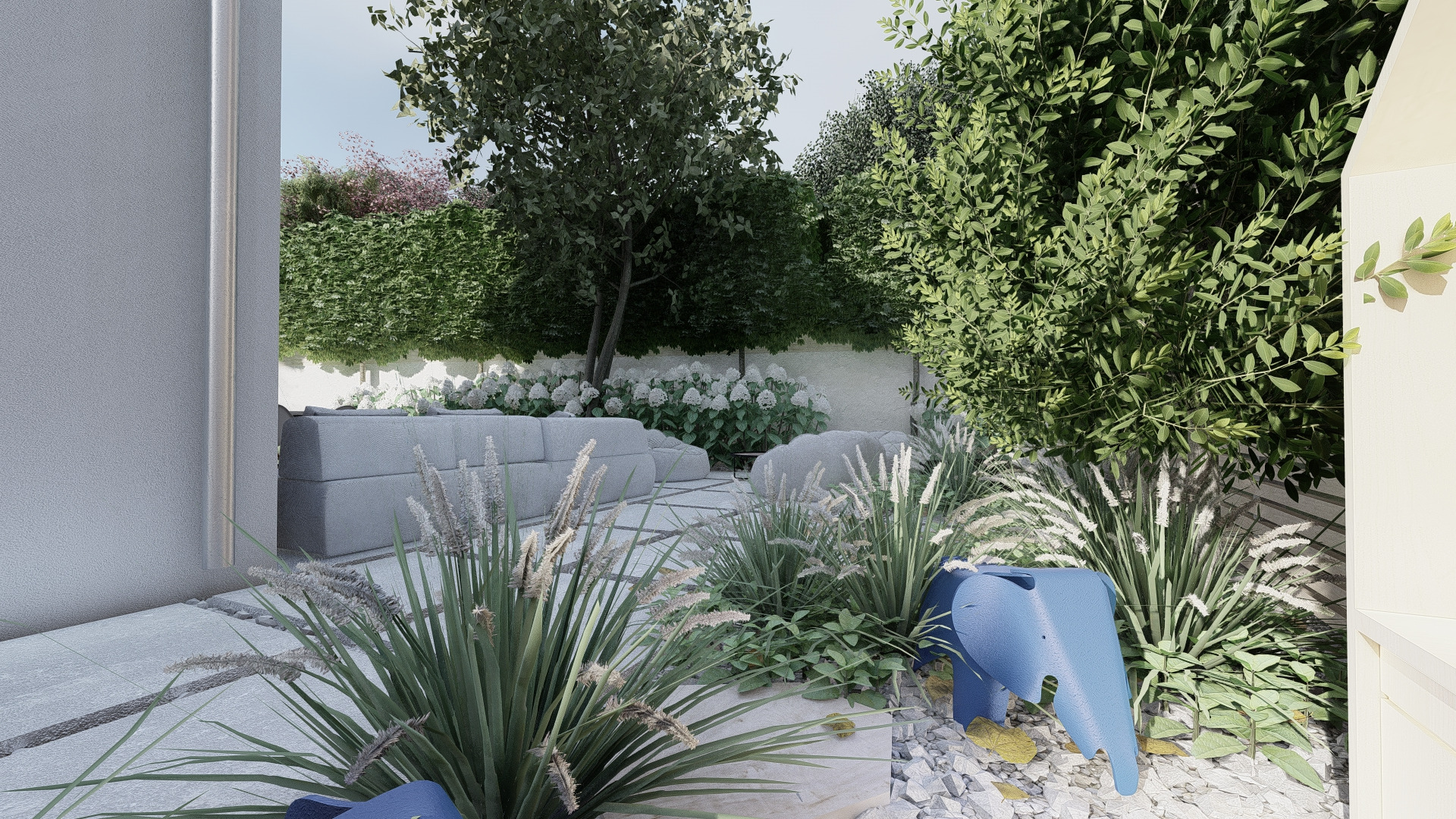 Wizualizacja ogrodu z szarym modułowym siedziskiem, białymi hortensjami, ozdobnymi trawami i niebieskim stołkiem w kształcie słonia.