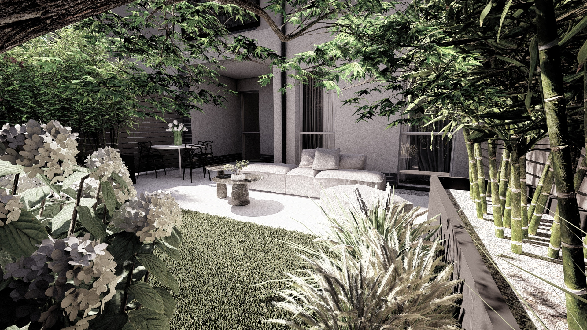 Nowoczesny taras z meblami wypoczynkowymi, zielonym trawnikiem i bambusami wzdłuż ściany, widok z perspektywy kwiatów hortensji.