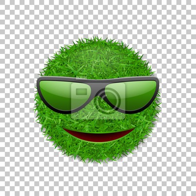 Grafika przedstawia okrągłą, trawiastą buźkę z czarnymi okularami przeciwsłonecznymi i uśmiechem na przezroczystym tle.