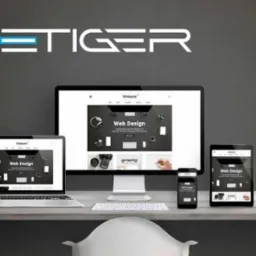 Prezentacja responsywnej strony internetowej na laptopie, monitorze, tablecie i telefonie, z logotypem firmy NETIGER w tle.