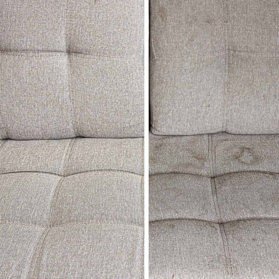 Porównanie fragmentu jasnoszarej sofy tapicerowanej przed i po czyszczeniu, widoczne usunięte plamy i zabrudzenia.