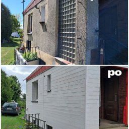 Maciej Malawski - Elewacja domu przed i po remoncie. Górna część zdjęcia pokazuje szarą, surową elewację, dolna część prezentuje odnowioną, białą elewację z drewnianą okładziną.