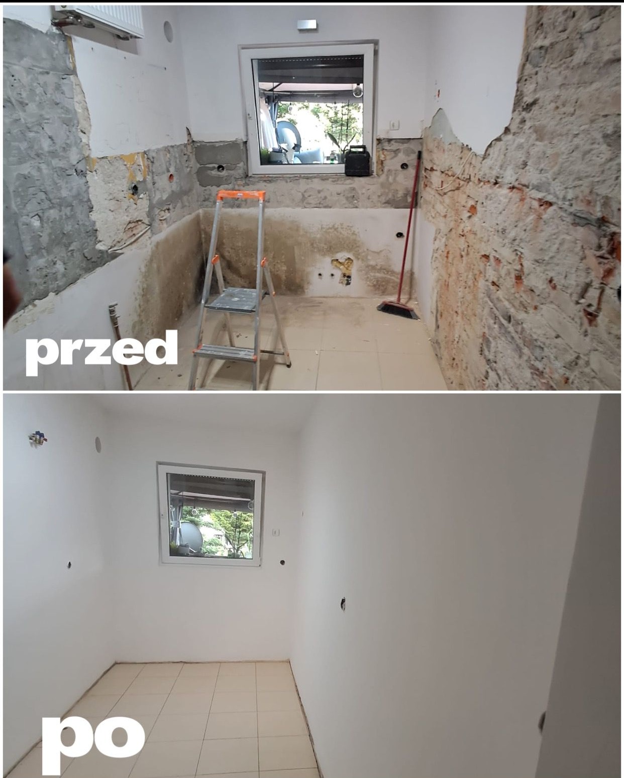Zdjęcie 'przed i po' prezentujące remont kuchni: od surowych ścian z instalacjami do świeżo pomalowanego, jasnego wnętrza z oknem. Widoczna drabina i płytki podłogowe.