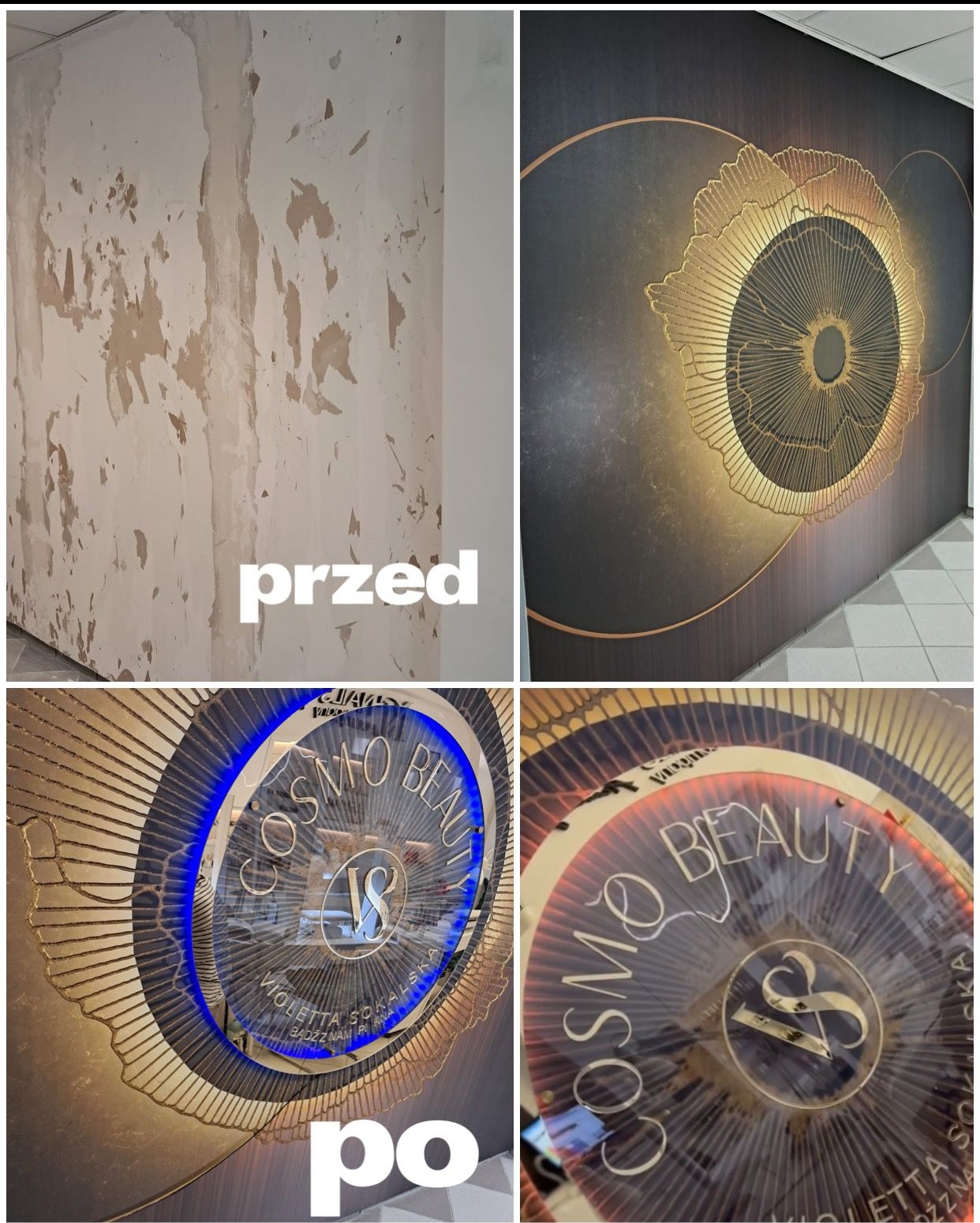 Remont ściany w salonie kosmetycznym: widok przed i po. Ściana z gładzią i dekoracyjnym panelem z podświetleniem LED w kształcie kwiatu.