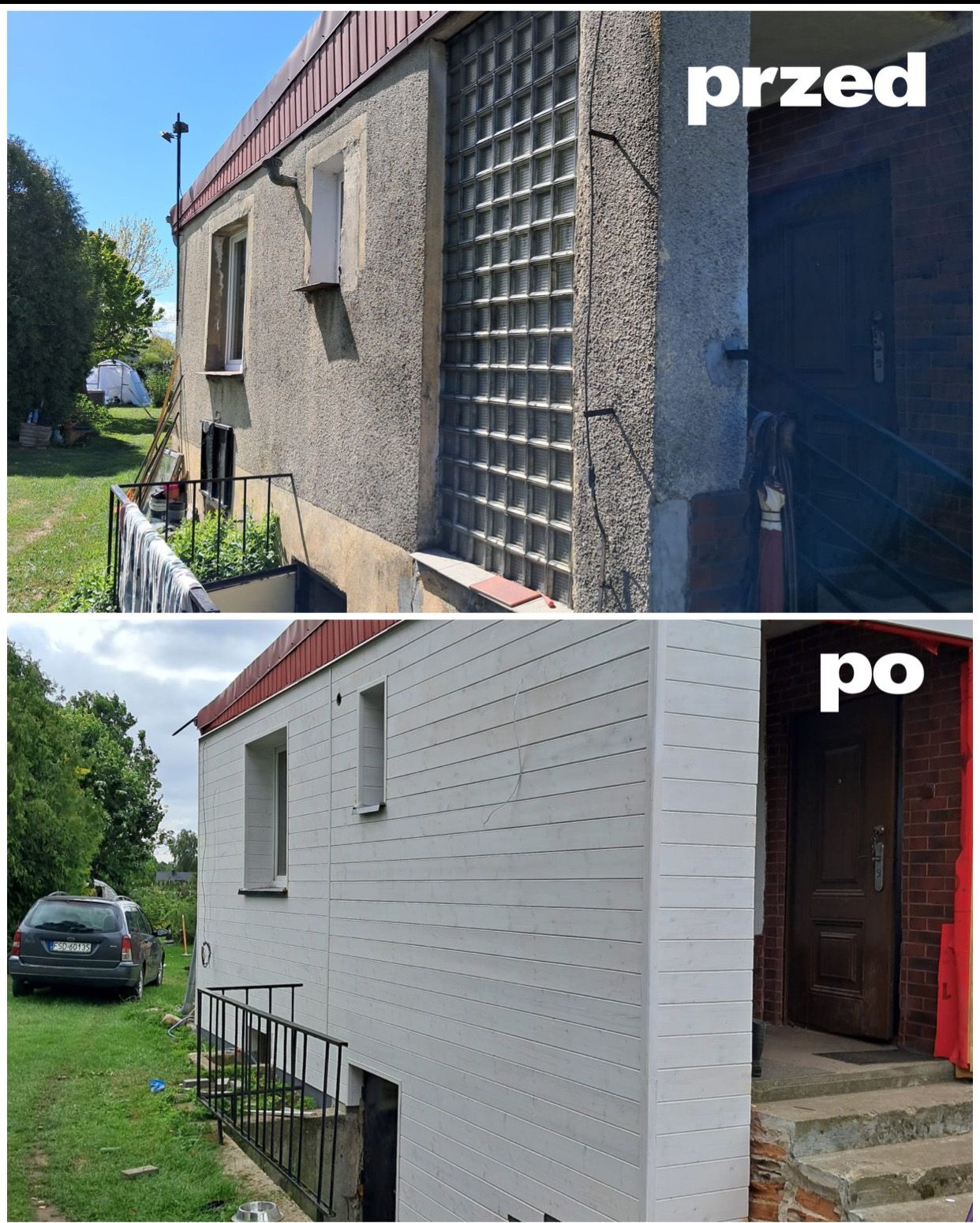 Elewacja domu przed i po remoncie. Górna część zdjęcia pokazuje szarą, surową elewację, dolna część prezentuje odnowioną, białą elewację z drewnianą okładziną.