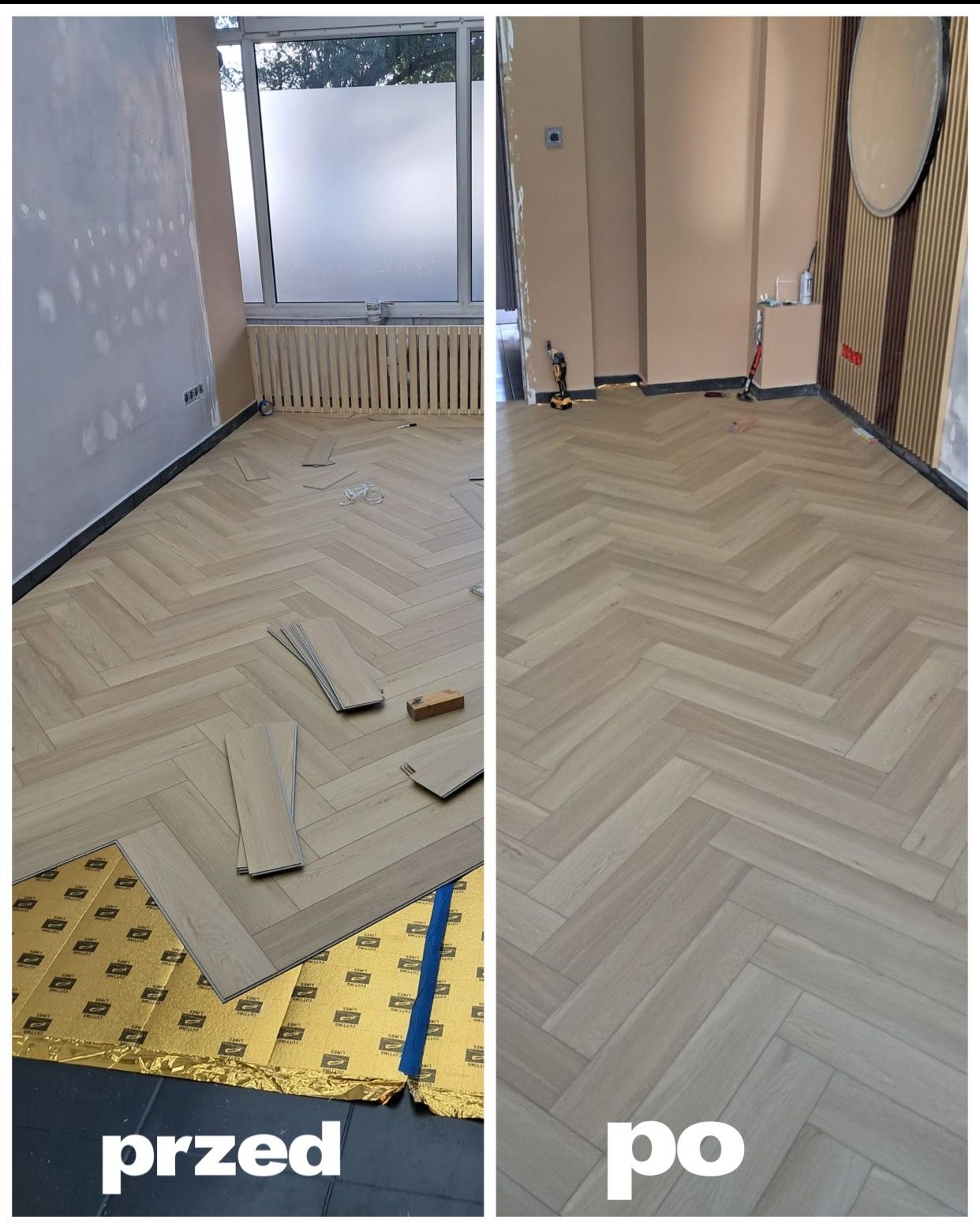 Układanie paneli podłogowych w jodełkę: widok przed i po. Po lewej podkład i panele, po prawej gotowa podłoga. Jasne panele, beżowe ściany, okno z mleczną szybą.