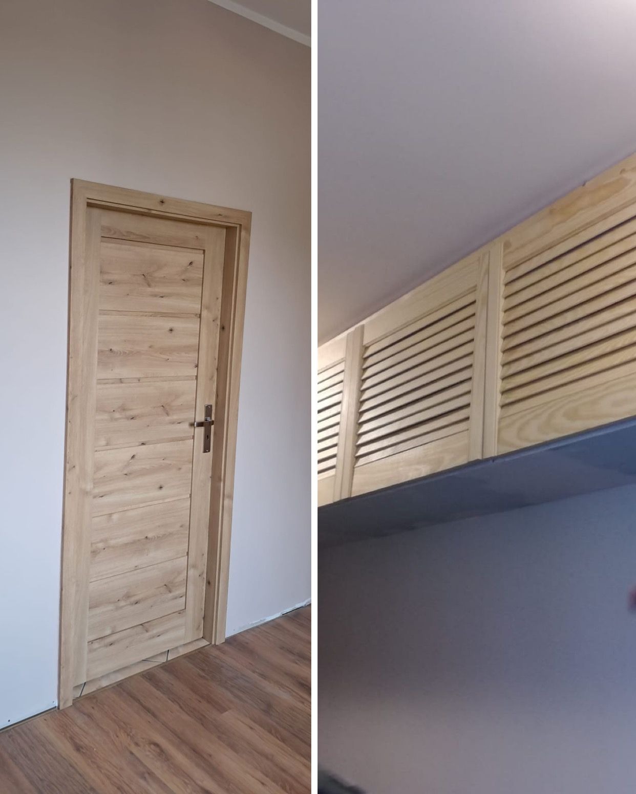 Dzielone zdjęcie: drewniane drzwi z ościeżnicą po lewej, drewniane żaluzjowe szafki pod sufitem po prawej, na podłodze panele imitujące drewno.