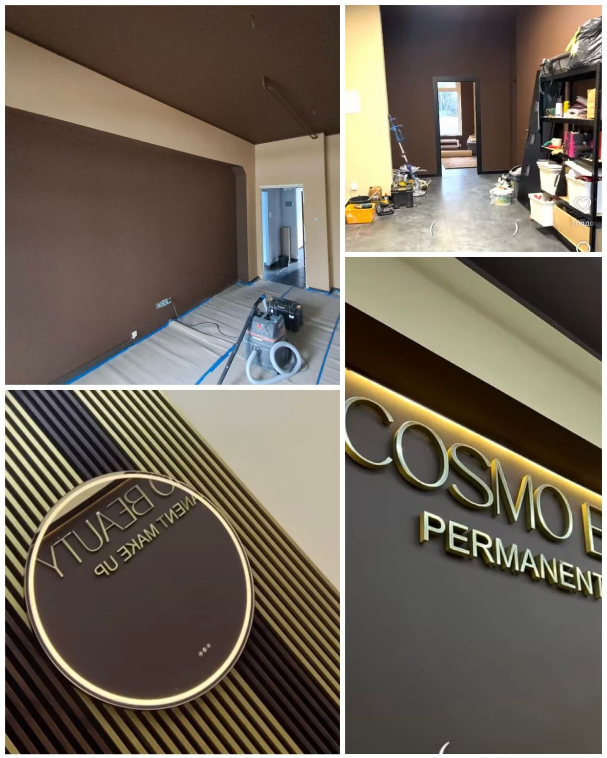 Wnętrze komercyjne w trakcie malowania na brązowo, z widocznym sprzętem do malowania i logo 'Cosmo Permanent Beauty Make Up' na ścianie.