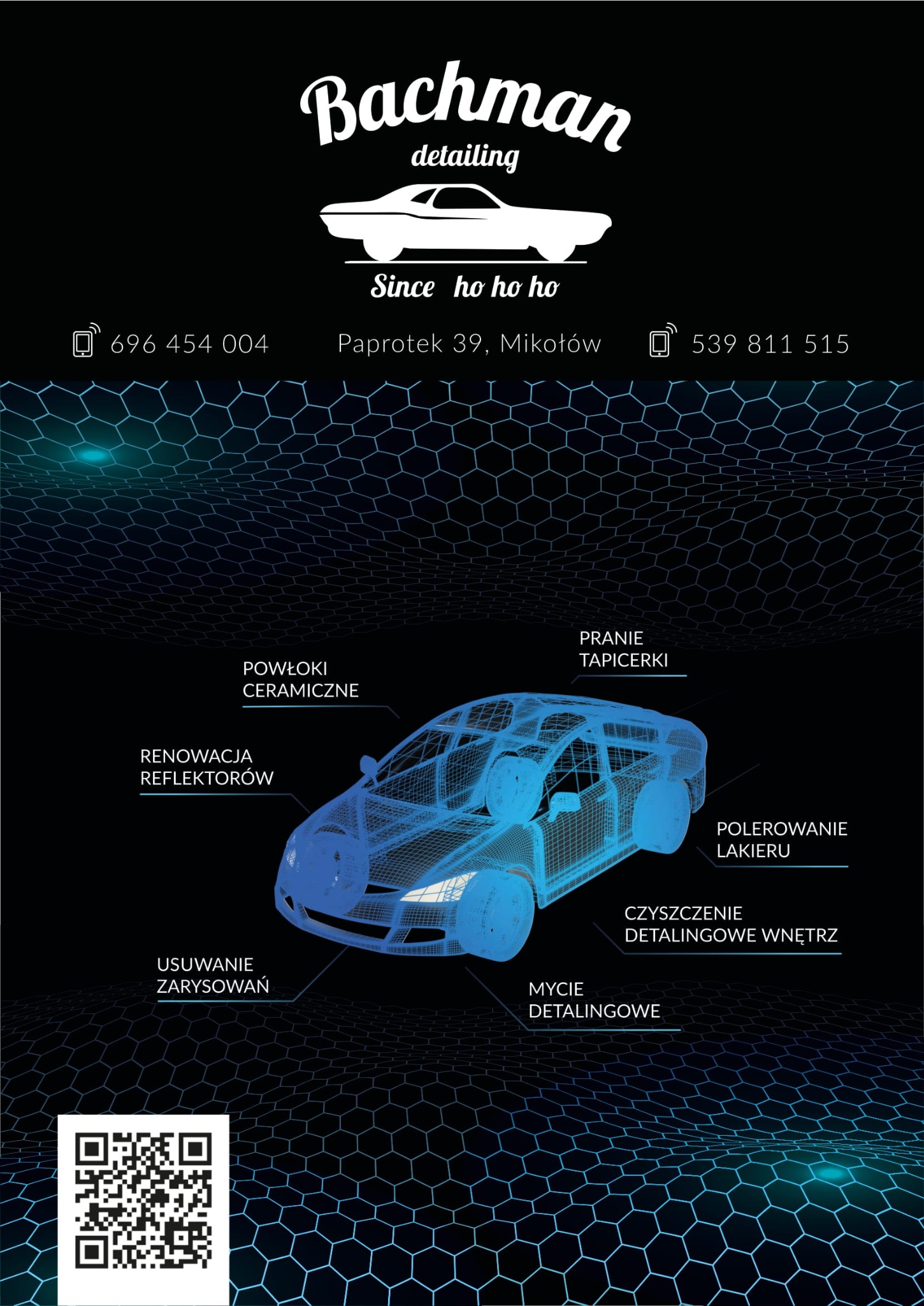 Grafika reklamowa firmy Bachman detailing prezentująca usługi: powłoki ceramiczne, renowacja reflektorów, usuwanie zarysowań, pranie tapicerki, polerowanie lakieru, czyszczenie detalingowe wnętrz...