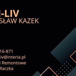 REM-LIV - Elegancka wizytówka firmy remontowej Rem-Liv Radosław Kazek z numerem telefonu, adresem email oraz zakresem usług: Usługi Remontowe, Złota Rączka. Tło czarne z geometrycznymi elementami...