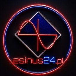 esinus24 - Neonowy szyld z logo esinus24.pl: czerwony okrąg, biały kwadrat na niebieskim tle i czerwona sinusoida. Nowoczesny design, ciemne tło.