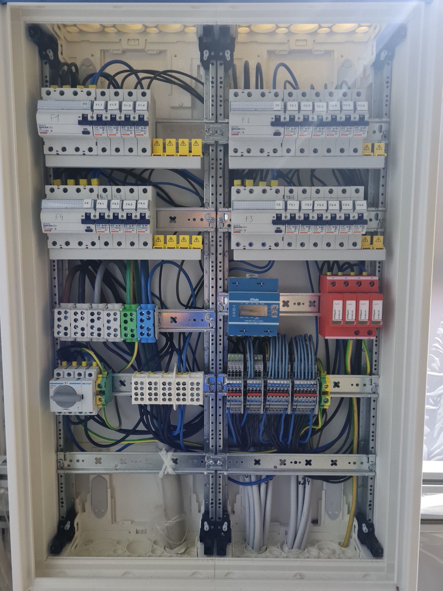 Rozdzielnica elektryczna z bezpiecznikami, wyłącznikami różnicowoprądowymi, SPD, okablowaniem w kolorach niebieskim, czarnym, zielono-żółtym i brązowym, zamontowana w białej obudowie.