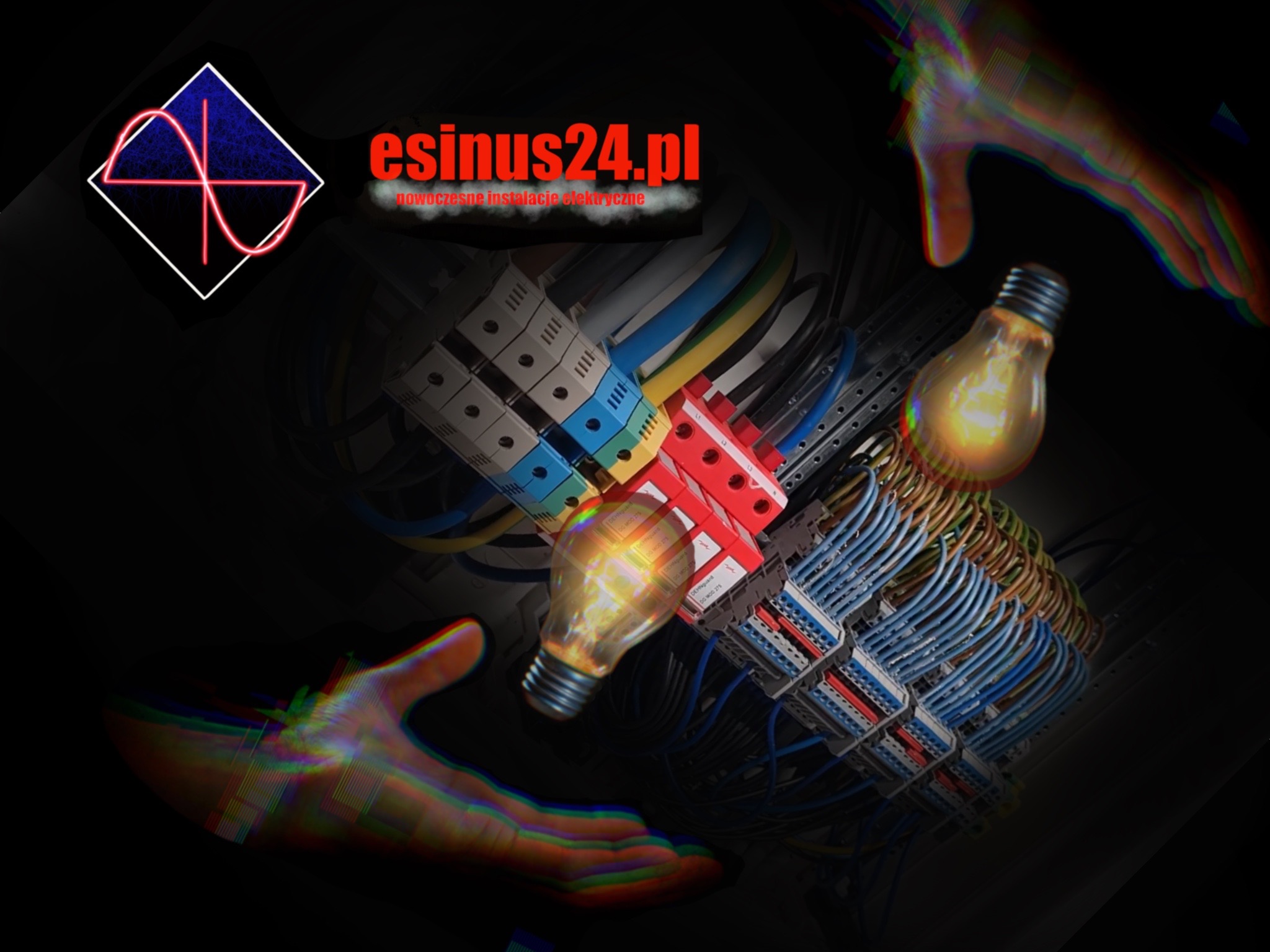 Ilustracja przedstawia schemat instalacji elektrycznej z widocznymi przewodami, złączkami, wyłącznikami oraz żarówkami, z logiem esinus24.pl i efektem rozmycia rąk w tle, sugerująca nowoczesne...