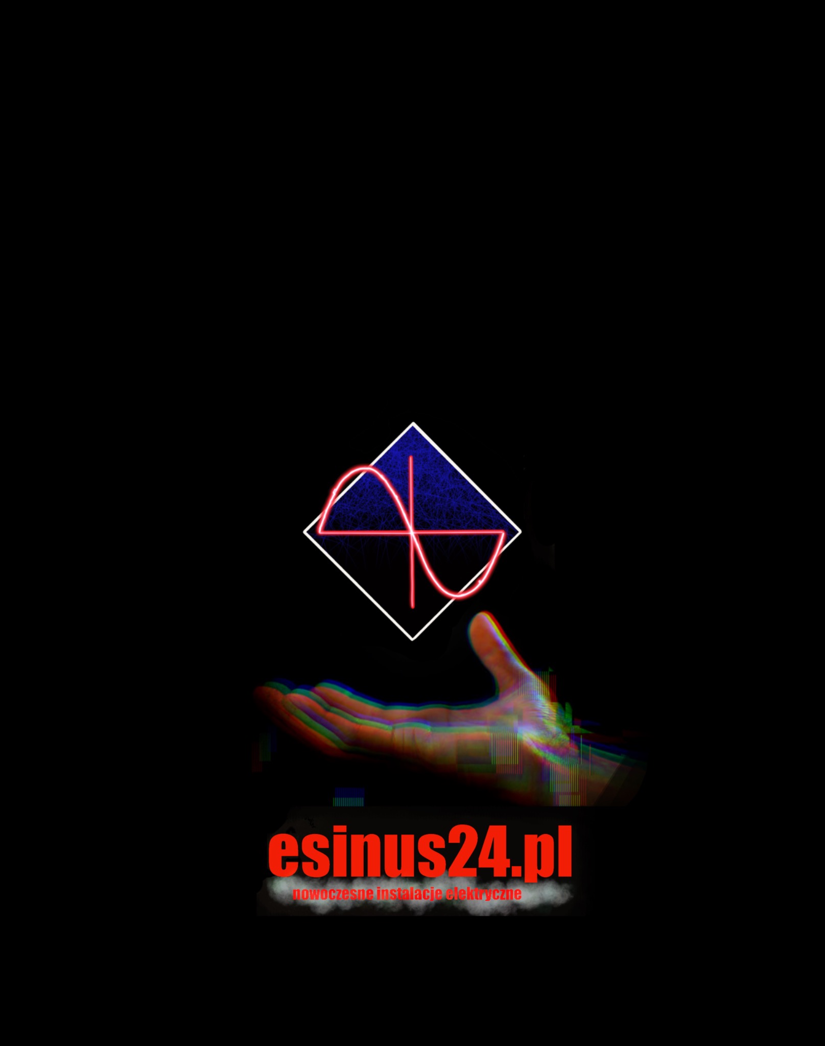 Graficzne przedstawienie sinusoidy w neonowej czerwieni, wpisanej w biały kwadrat z niebieskim tłem, unoszące się nad dłonią z efektem glitch art, poniżej czerwony napis esinus24.pl z dopiskiem...