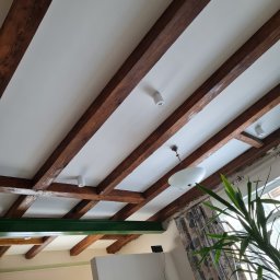 MIROS USŁUGI BUDOWLANE MYROSLAV MAKHOVSKYI - Biały sufit z widocznymi drewnianymi belkami, oświetleniem punktowym i wiszącą lampą, widok z dołu na wnętrze pokoju z zieloną belką i rośliną w rogu.