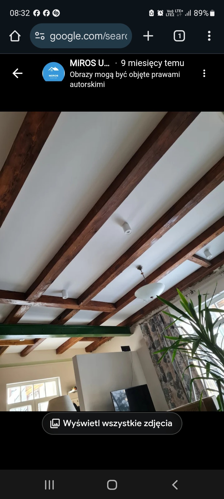 Biały sufit z drewnianymi belkami i punktowym oświetleniem. Widoczny fragment zielonej belki, lampa wisząca i roślina doniczkowa. Ujęcie z dołu, wnętrze pomieszczenia.