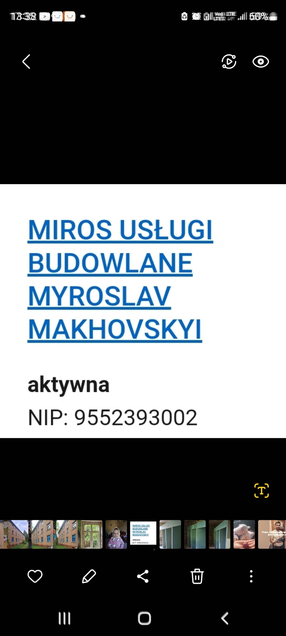 Ekran telefonu z otwartą galerią, na której widoczny jest obraz z danymi firmy budowlanej: nazwa, imię i nazwisko oraz NIP. Dolny pasek z ikonami nawigacji.