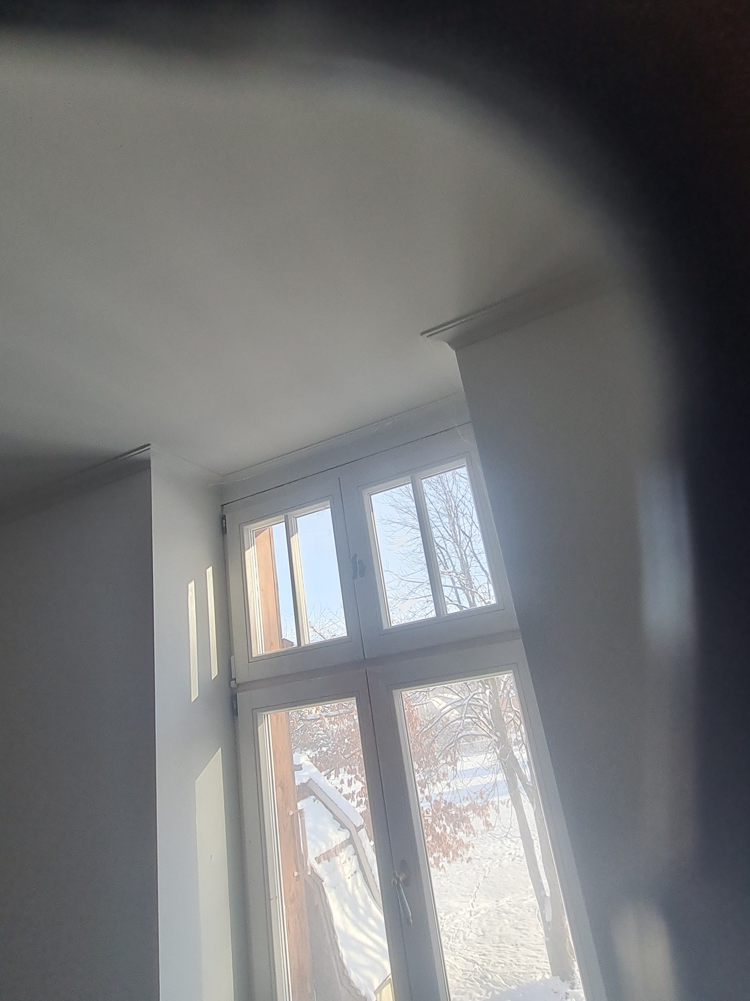 Wnętrze pokoju z oknem, przez które widać zimowy krajobraz z drzewami i śniegiem, białe ściany i sufit, widok z dołu do góry.