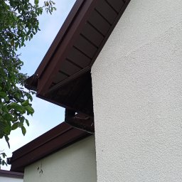 Usługi remontowo - budowlane REM-BUD - Fragment elewacji budynku z brązowymi elementami wykończeniowymi dachu i rynną, widoczne liście drzewa na tle błękitnego nieba.