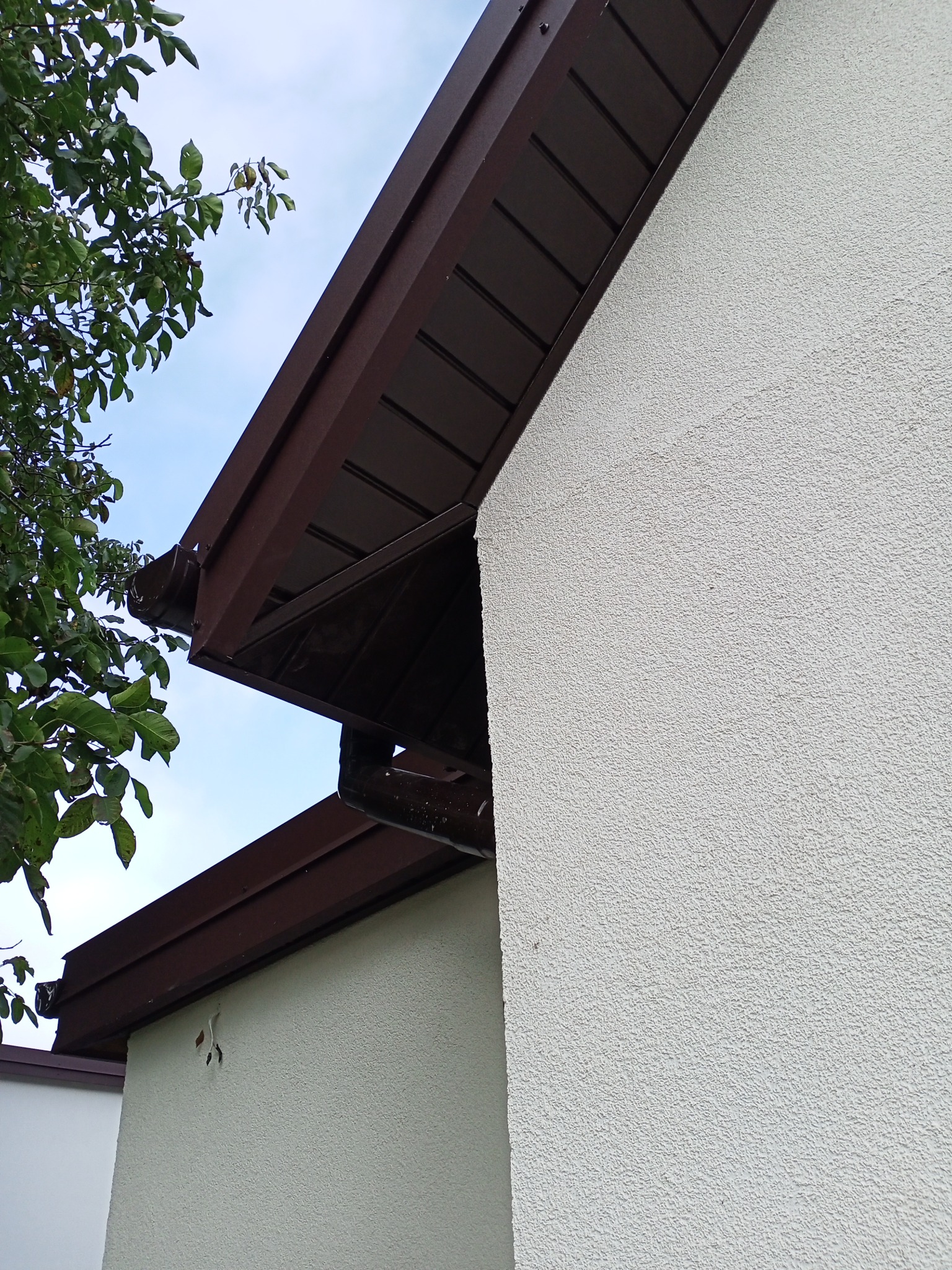 Fragment elewacji budynku z brązowymi elementami wykończeniowymi dachu i rynną, widoczne liście drzewa na tle błękitnego nieba.
