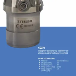 Stalowy adapter zaciskowy z żeńskim złączem piramidowym, marki STEELBO, model SN 1003, prezentowany na białym tle z niebieskim dołem zawierającym dane techniczne.