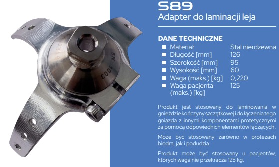 Adapter S89 do laminacji leja, wykonany ze stali nierdzewnej, z widocznymi danymi technicznymi na niebieskim tle.